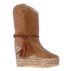 VIDORRETA_  BOTA DE ESPARTO HIDROFUGADO CON TACON EN PIEL SERRAJE CAMEL Y PLATAFORMA